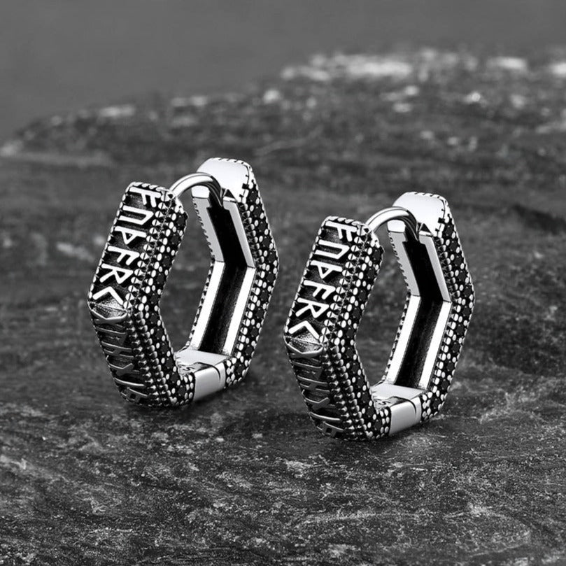 Viking Runes Hexagon Huggie Hoop Earrings for Men