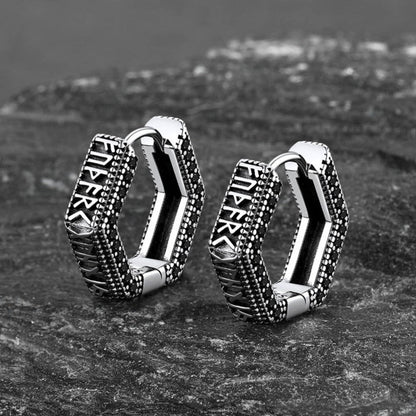 Viking Runes Hexagon Huggie Hoop Earrings for Men