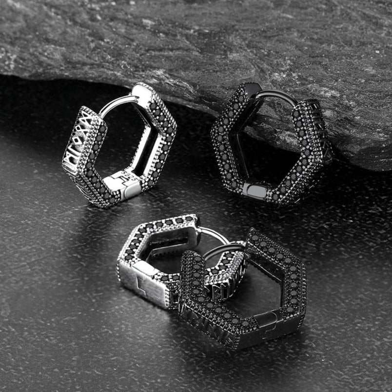 Viking Runes Hexagon Huggie Hoop Earrings for Men