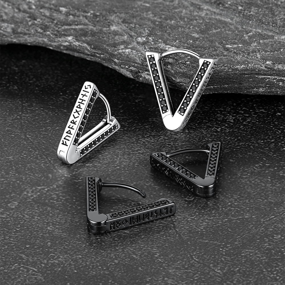 Sterling Silver Viking Triangle Huggie Hoop Earrings with Black Zirconia for Men