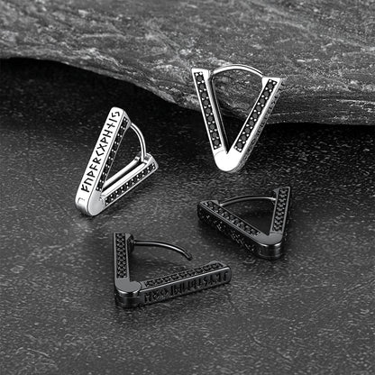 Sterling Silver Viking Triangle Huggie Hoop Earrings with Black Zirconia for Men