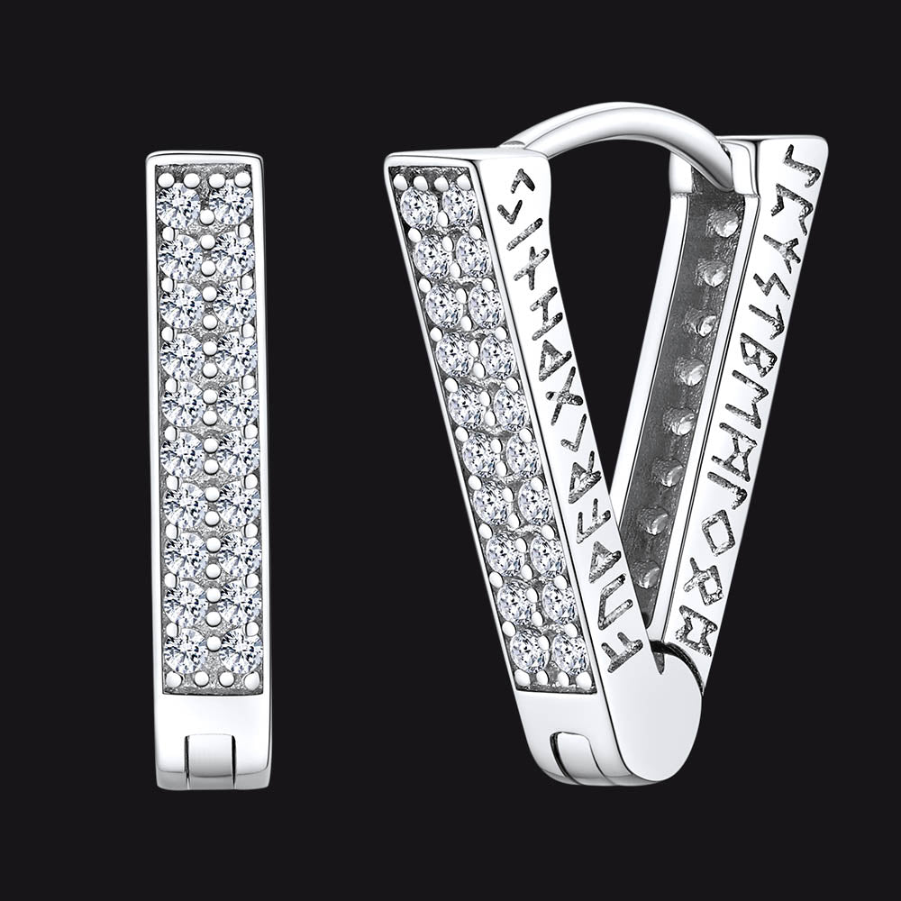 Cubic Zirconia Triangle Huggie Hoop Earrings With Viking Runes for Men