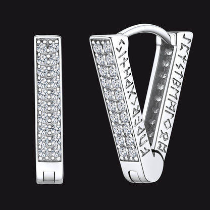 Cubic Zirconia Triangle Huggie Hoop Earrings With Viking Runes for Men