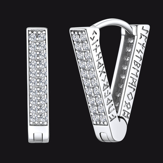 Cubic Zirconia Triangle Huggie Hoop Earrings With Viking Runes for Men