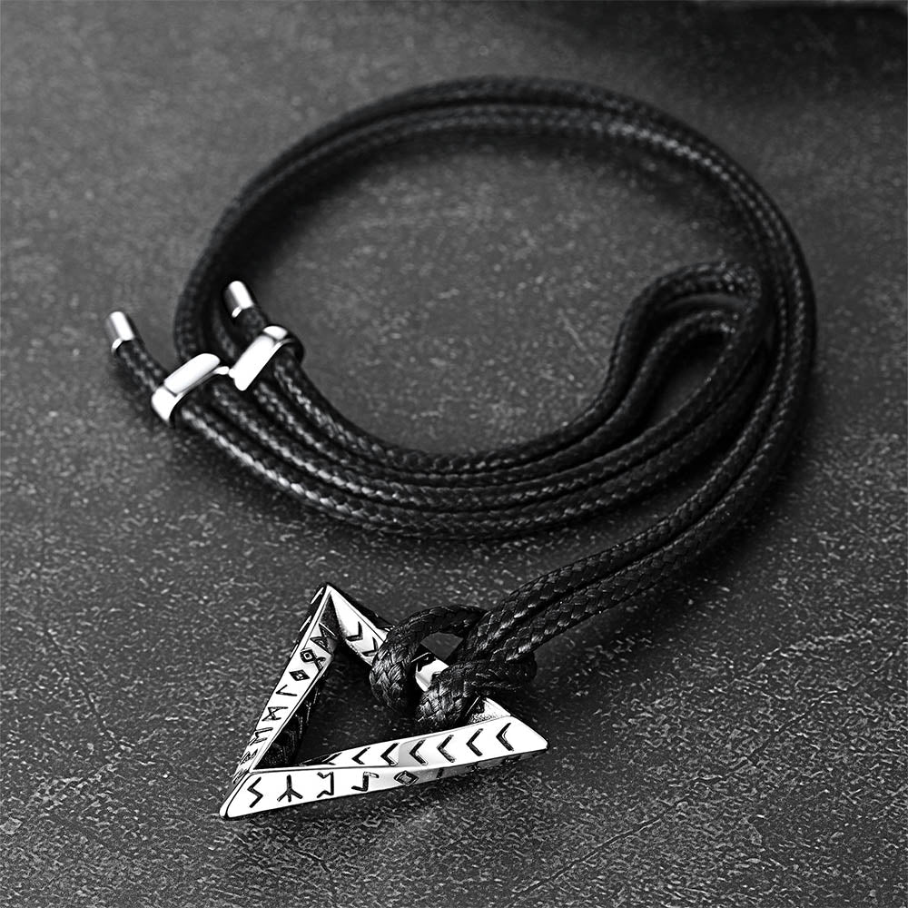 Viking Rune Mobius Triangle Pendant Necklace with Leather Chain