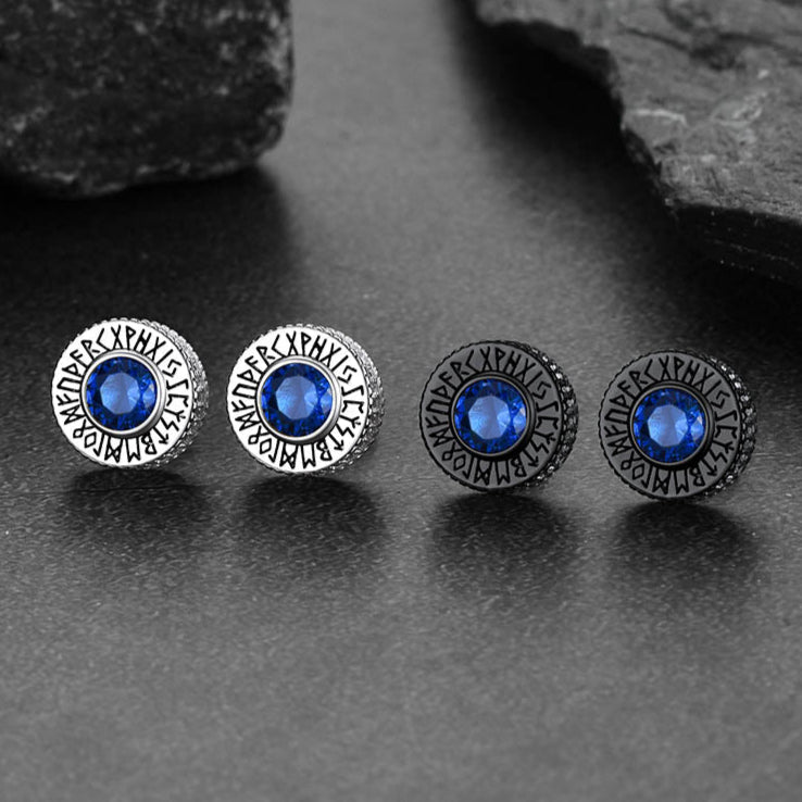 Sterling Silver Viking Runes Gemstone Stud Earrings for Men