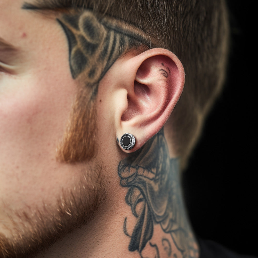 Viking Rune Black Onyx Stud Earrings in Sterling Silver for Men