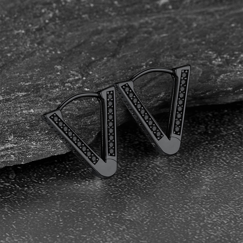 Sterling Silver Viking Triangle Huggie Hoop Earrings with Black Zirconia for Men