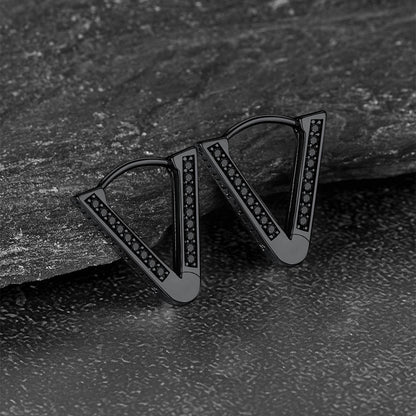 Sterling Silver Viking Triangle Huggie Hoop Earrings with Black Zirconia for Men