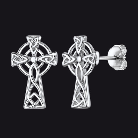 Silver Celtic Cross Stud Earrings for Women