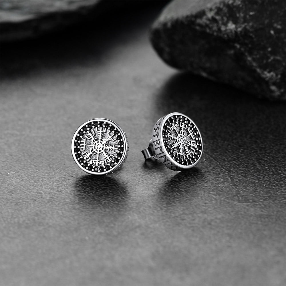 Sterling Silver Viking Compass Stud Earrings With Runes