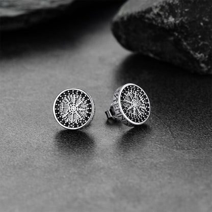 Sterling Silver Viking Compass Stud Earrings With Runes