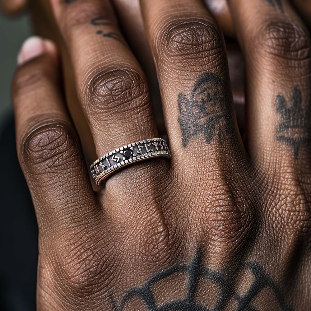 Sterling Silver Norse Runes Ring with Black Onyx