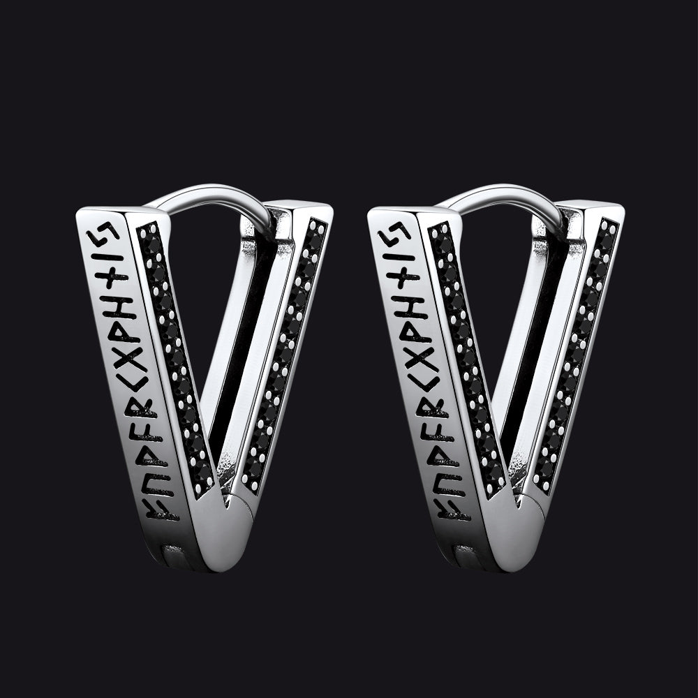 Sterling Silver Viking Triangle Huggie Hoop Earrings with Black Zirconia for Men