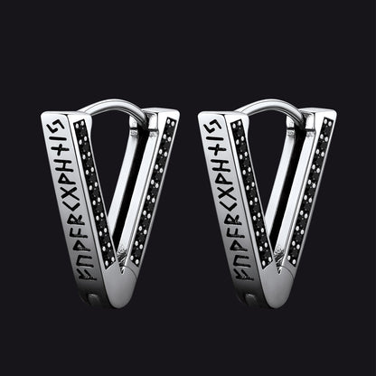 Sterling Silver Viking Triangle Huggie Hoop Earrings with Black Zirconia for Men
