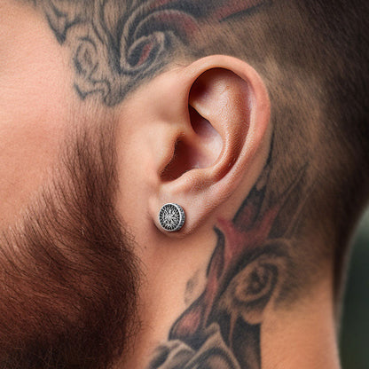 Sterling Silver Viking Compass Stud Earrings With Runes