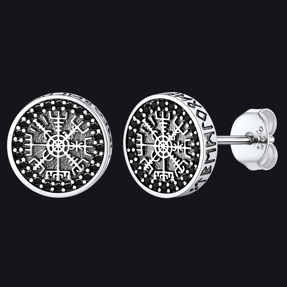 Sterling Silver Viking Compass Stud Earrings With Runes