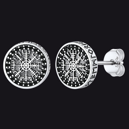 Sterling Silver Viking Compass Stud Earrings With Runes