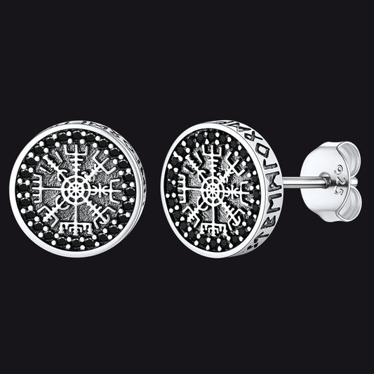 Sterling Silver Viking Compass Stud Earrings With Runes