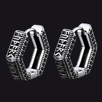Viking Runes Hexagon Huggie Hoop Earrings for Men
