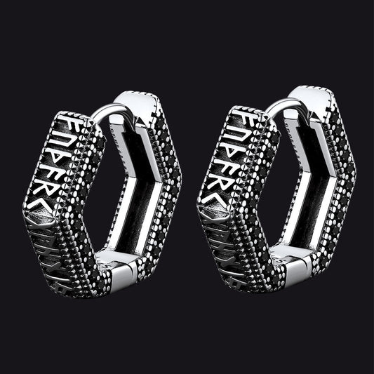 Viking Runes Hexagon Huggie Hoop Earrings for Men