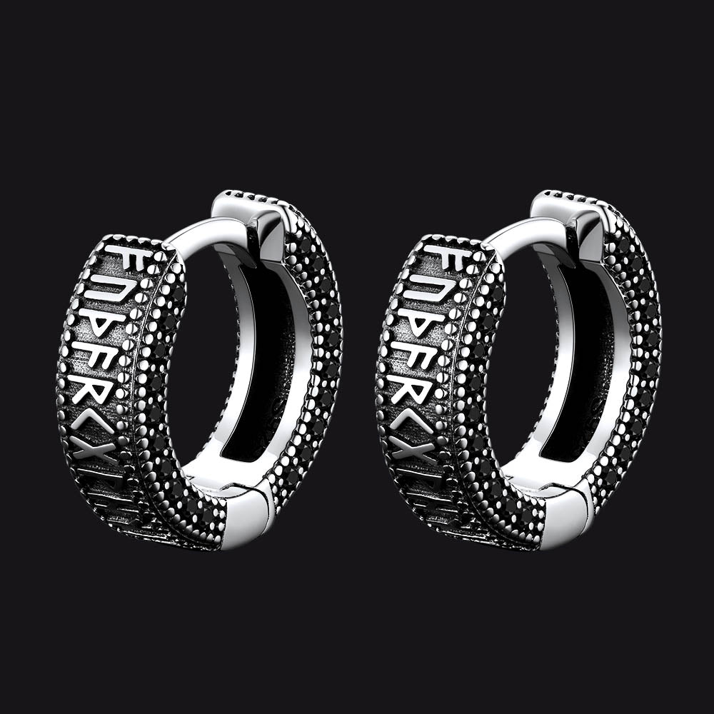 Sterling Silver Viking Runes Hoop Earrings With Black Zirconia for Men