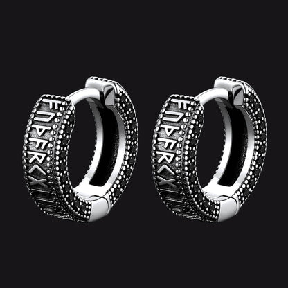 Sterling Silver Viking Runes Hoop Earrings With Black Zirconia for Men