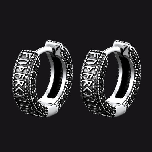 Sterling Silver Viking Runes Hoop Earrings With Black Zirconia for Men