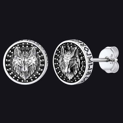 Sterling Silver Viking Wolf Head Stud Earrings For Men