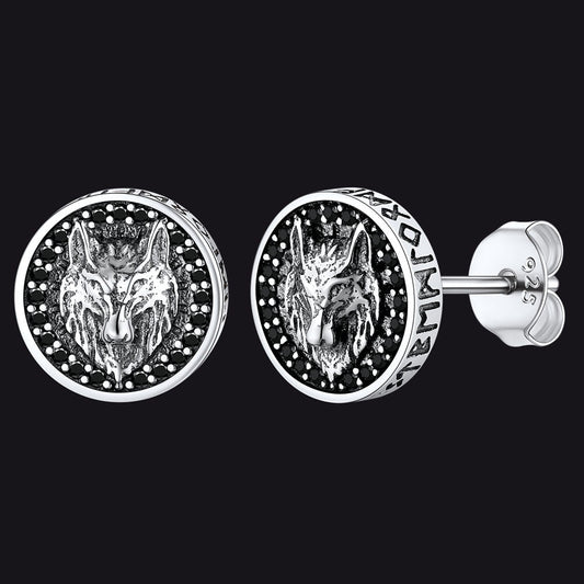 Sterling Silver Viking Wolf Head Stud Earrings For Men