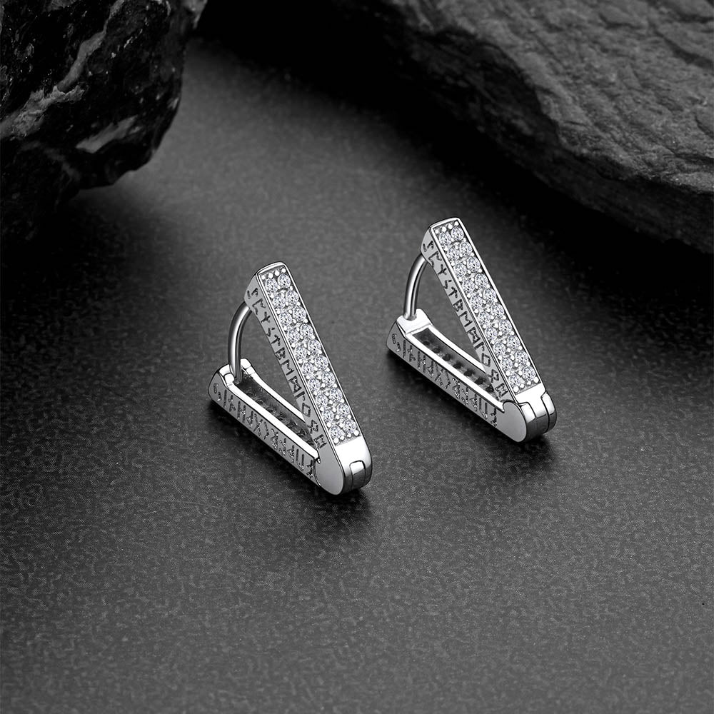 Cubic Zirconia Triangle Huggie Hoop Earrings With Viking Runes for Men