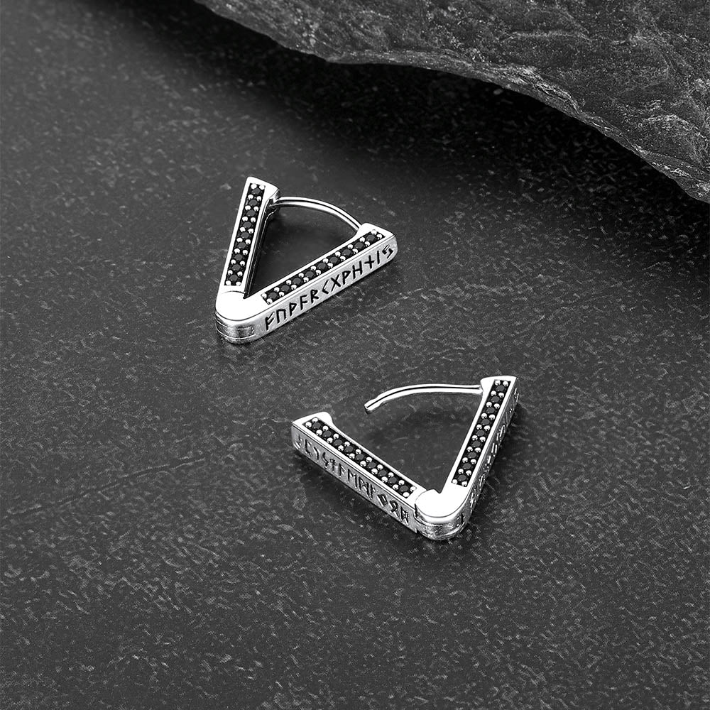 Sterling Silver Viking Triangle Huggie Hoop Earrings with Black Zirconia for Men
