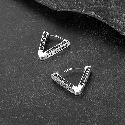 Sterling Silver Viking Triangle Huggie Hoop Earrings with Black Zirconia for Men