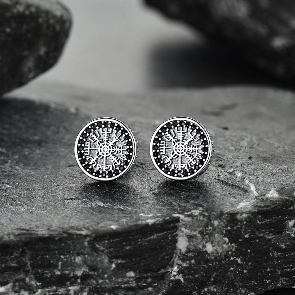 Sterling Silver Viking Compass Stud Earrings With Runes