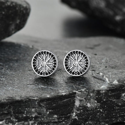Sterling Silver Viking Compass Stud Earrings With Runes