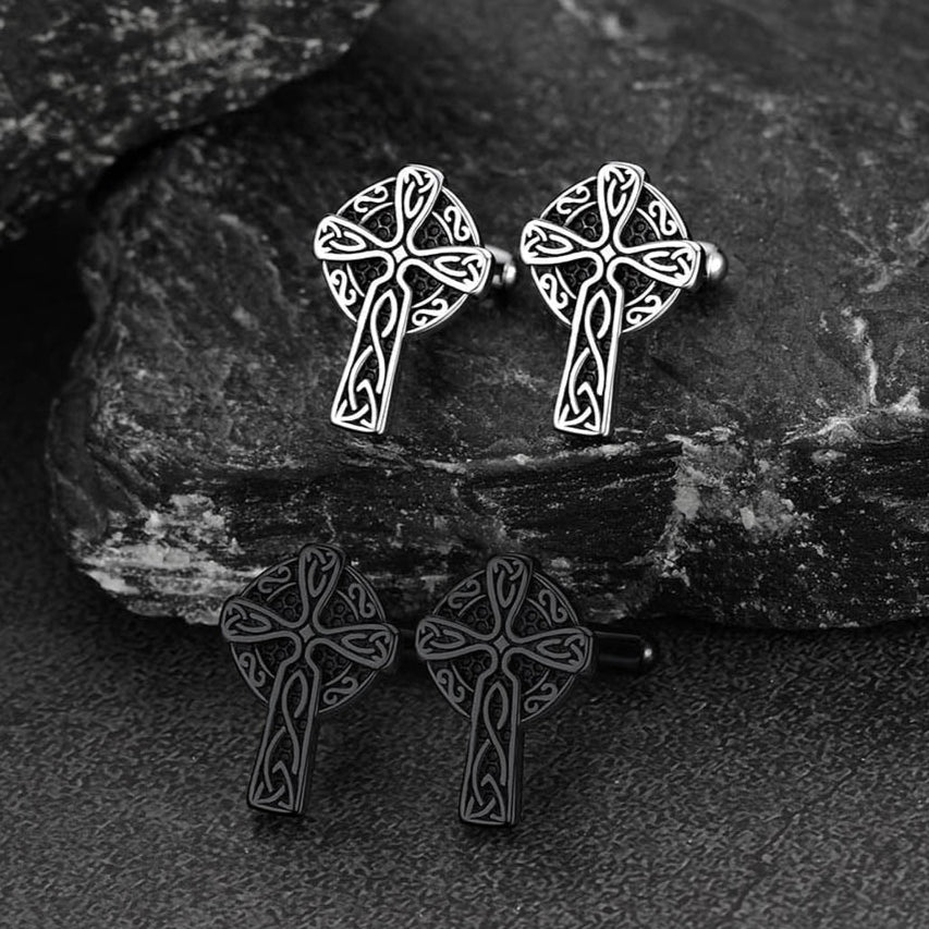 Irish Celtic Cross Cufflinks in Stainless Steel for Men
