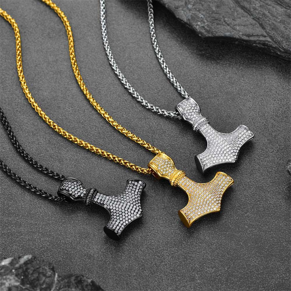 Viking Thor's Hammer Mjolnir Necklace With Cubic Zirconia