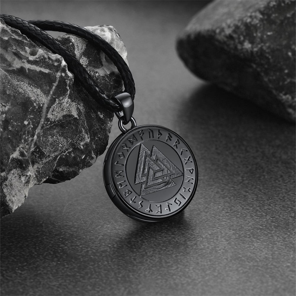 Personalized Viking Valknut Photo Locket Pendant with Leather Necklace