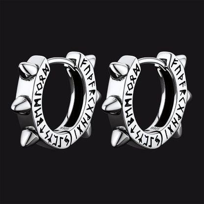 Sterling Silver Rivet Hoop Earrings with Viking Runes for Men