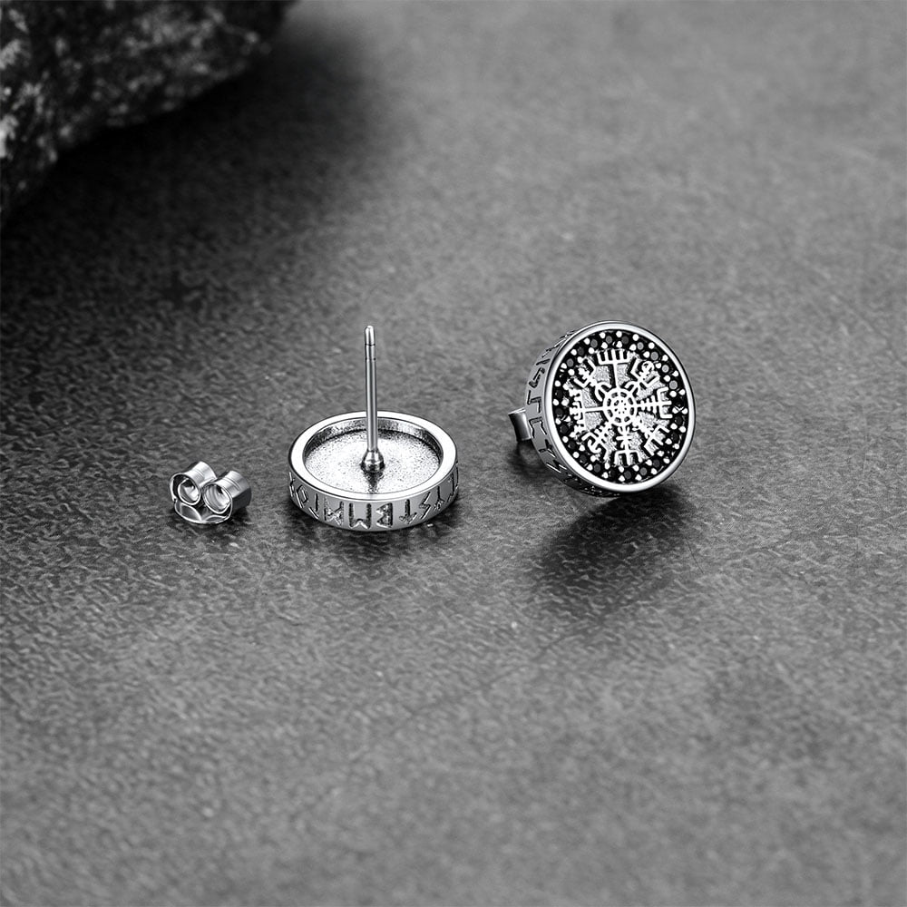 Sterling Silver Viking Compass Stud Earrings With Runes