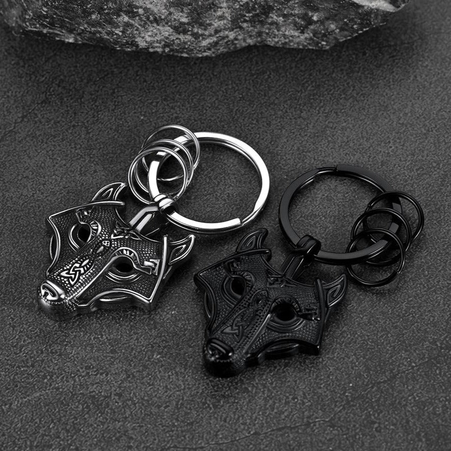 Viking Wolf Head Keychain Amulet for Men