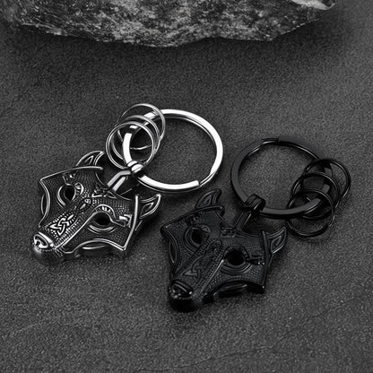 Viking Wolf Head Keychain Amulet for Men