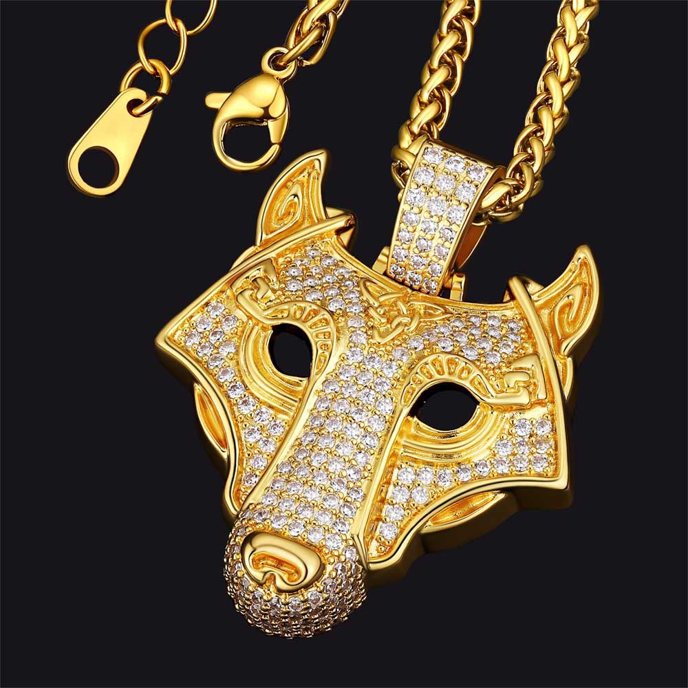 Hip Hop Viking Wolf Head Fenrir Necklace with Cubic Zirconia