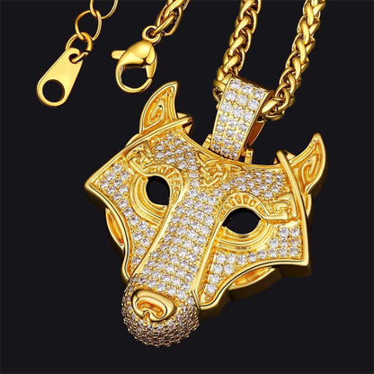 Hip Hop Viking Wolf Head Fenrir Necklace with Cubic Zirconia