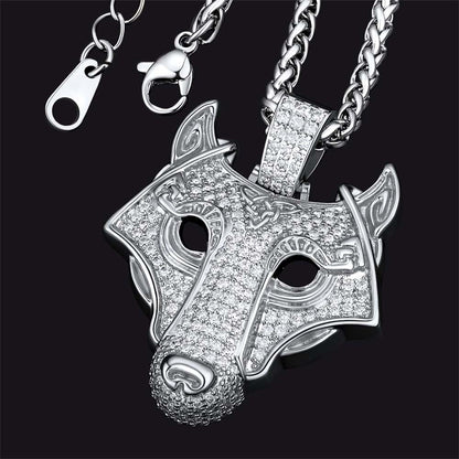 Hip Hop Viking Wolf Head Fenrir Necklace with Cubic Zirconia