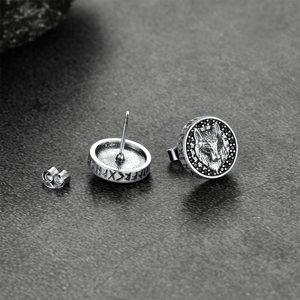 Sterling Silver Viking Wolf Head Stud Earrings For Men