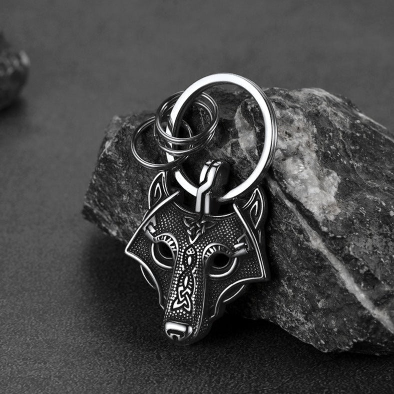 Viking Wolf Head Keychain Amulet for Men