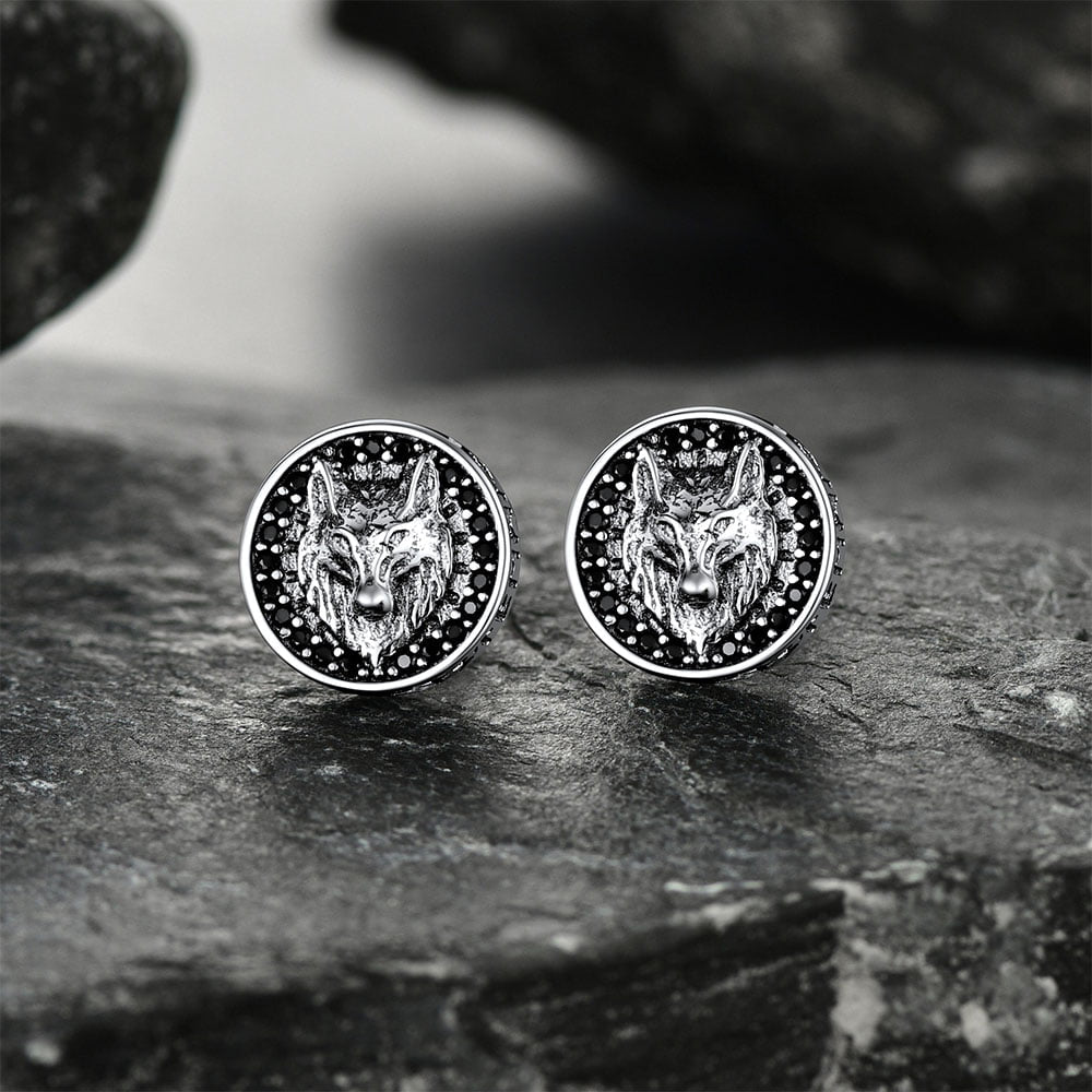 Sterling Silver Viking Wolf Head Stud Earrings For Men