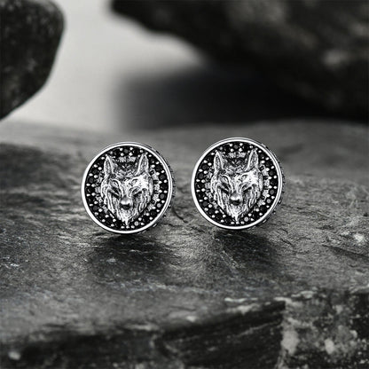 Sterling Silver Viking Wolf Head Stud Earrings For Men