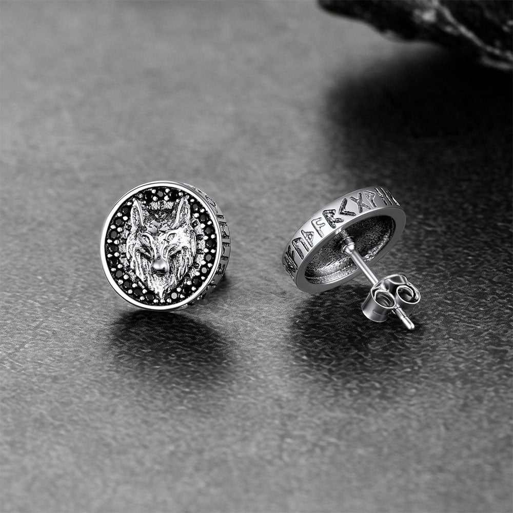 Sterling Silver Viking Wolf Head Stud Earrings For Men
